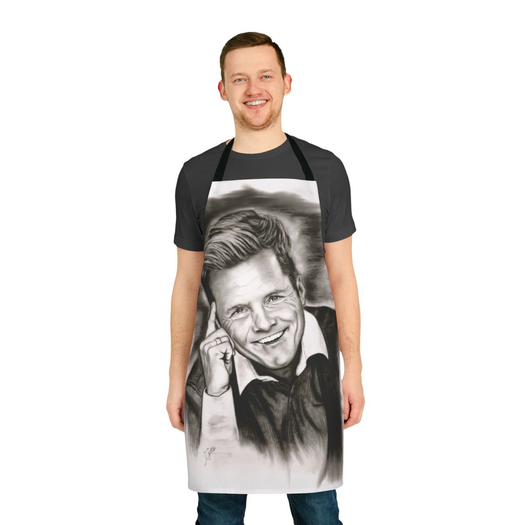 A cooking apron featuring a striking black and white portrait of German music producer Dieter Bohlen.