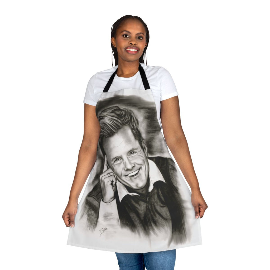 A cooking apron featuring a striking black and white portrait of German music producer Dieter Bohlen.