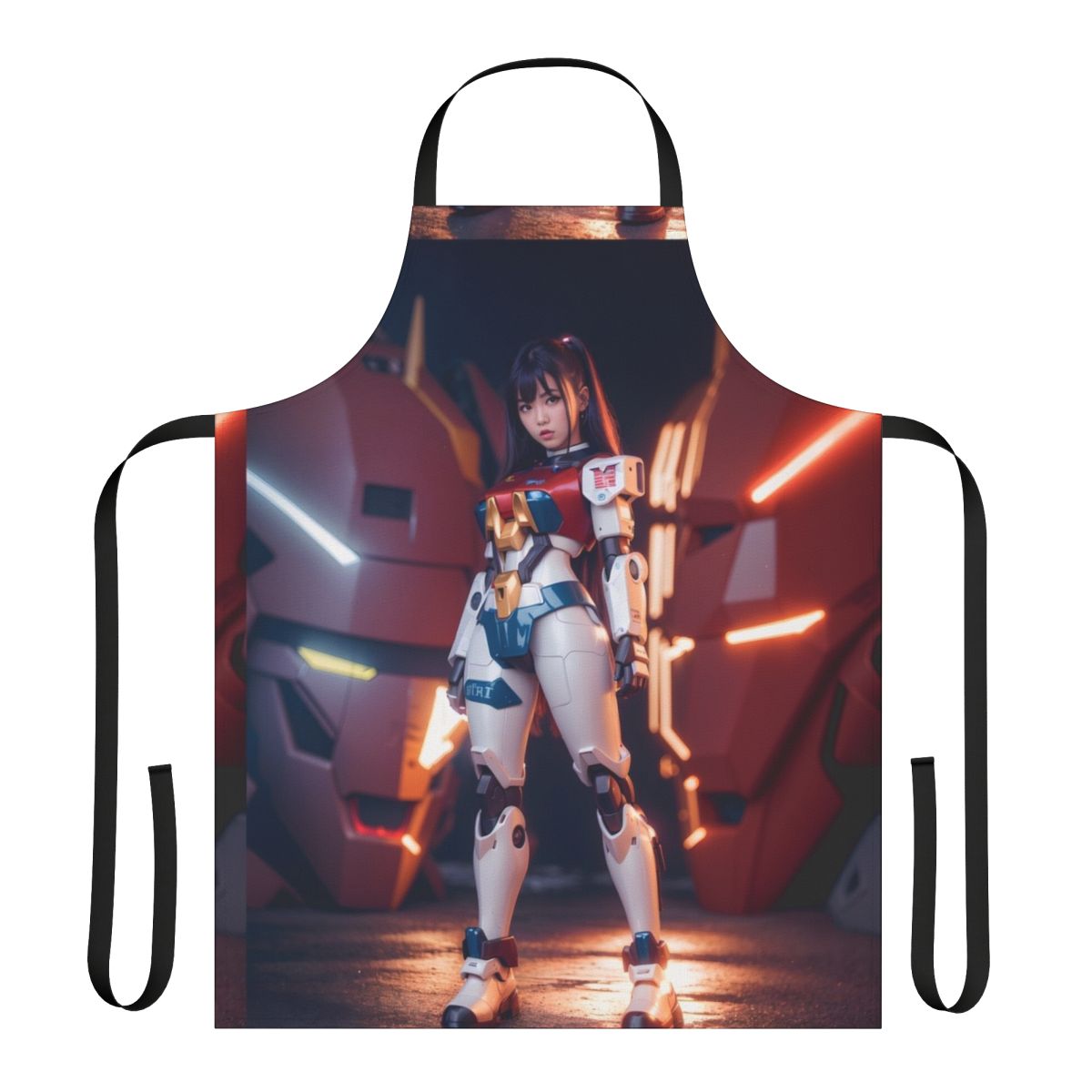 Stylish digital art apron featuring a mecha pilot girl in a futuristic, cyberpunk-inspired Japanese aesthetic.