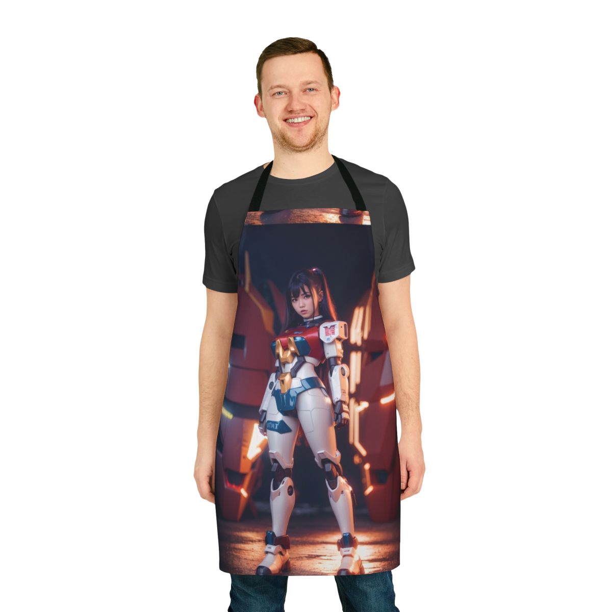 Stylish digital art apron featuring a mecha pilot girl in a futuristic, cyberpunk-inspired Japanese aesthetic.