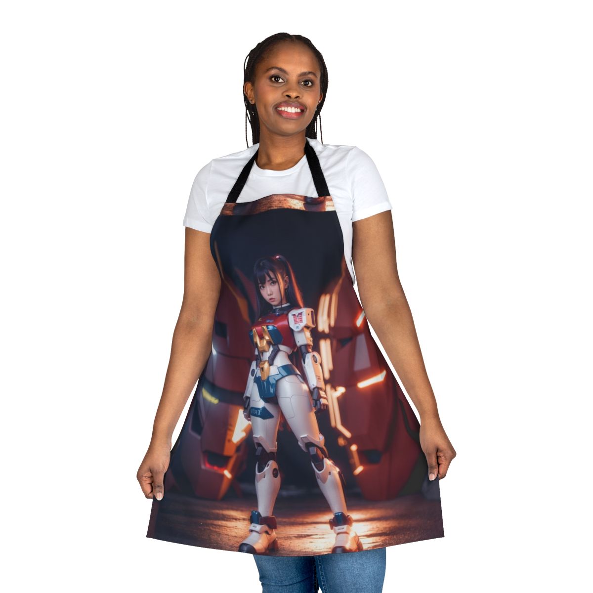 Stylish digital art apron featuring a mecha pilot girl in a futuristic, cyberpunk-inspired Japanese aesthetic.