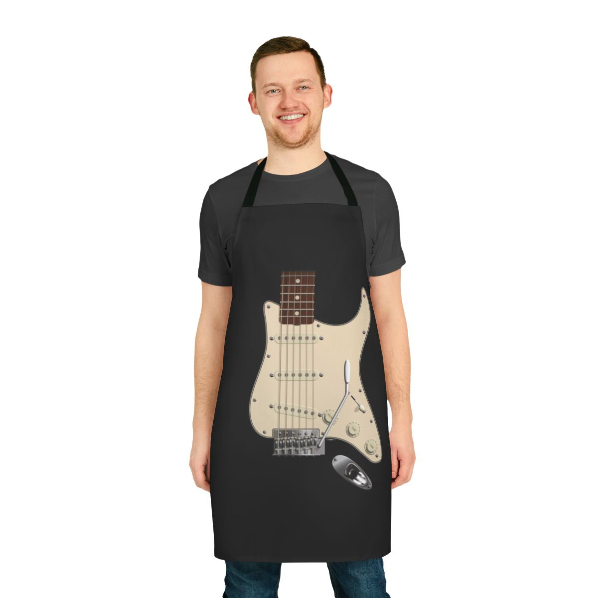 Digital illustration of a Fender-style electric guitar printed on a high-quality apron for music enthusiasts.