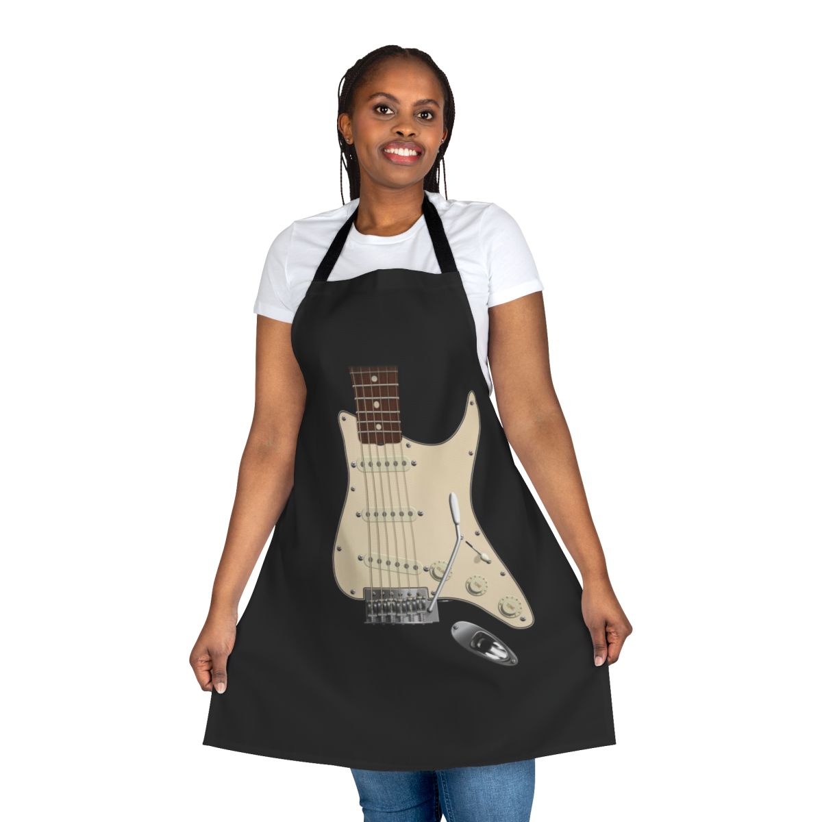 Digital illustration of a Fender-style electric guitar printed on a high-quality apron for music enthusiasts.