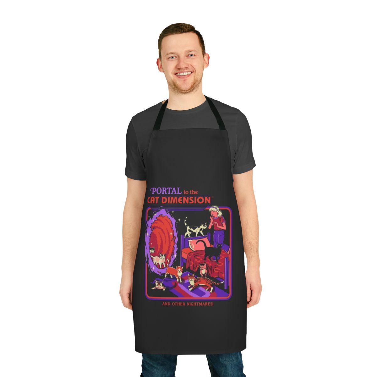 Dimensional Cat Apron featuring a cat in a retro sci-fi portal design