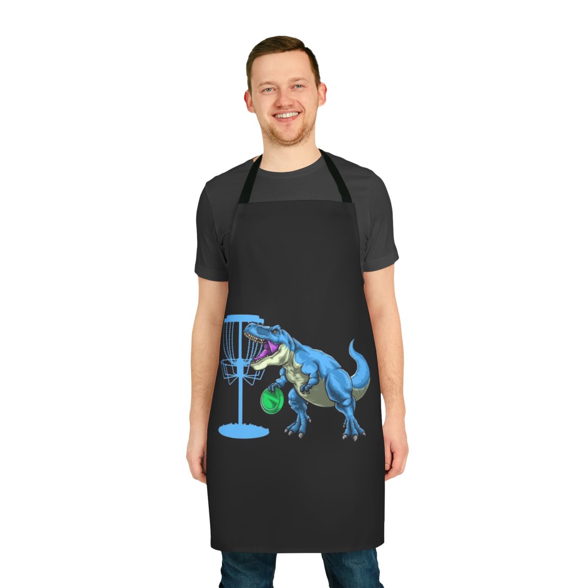Dinosaur disc golf apron with a T-Rex playing disc golf