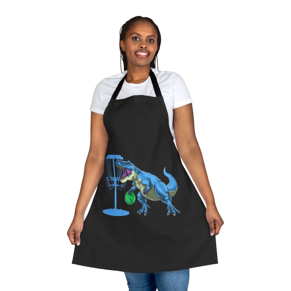 Dinosaur disc golf apron with a T-Rex playing disc golf
