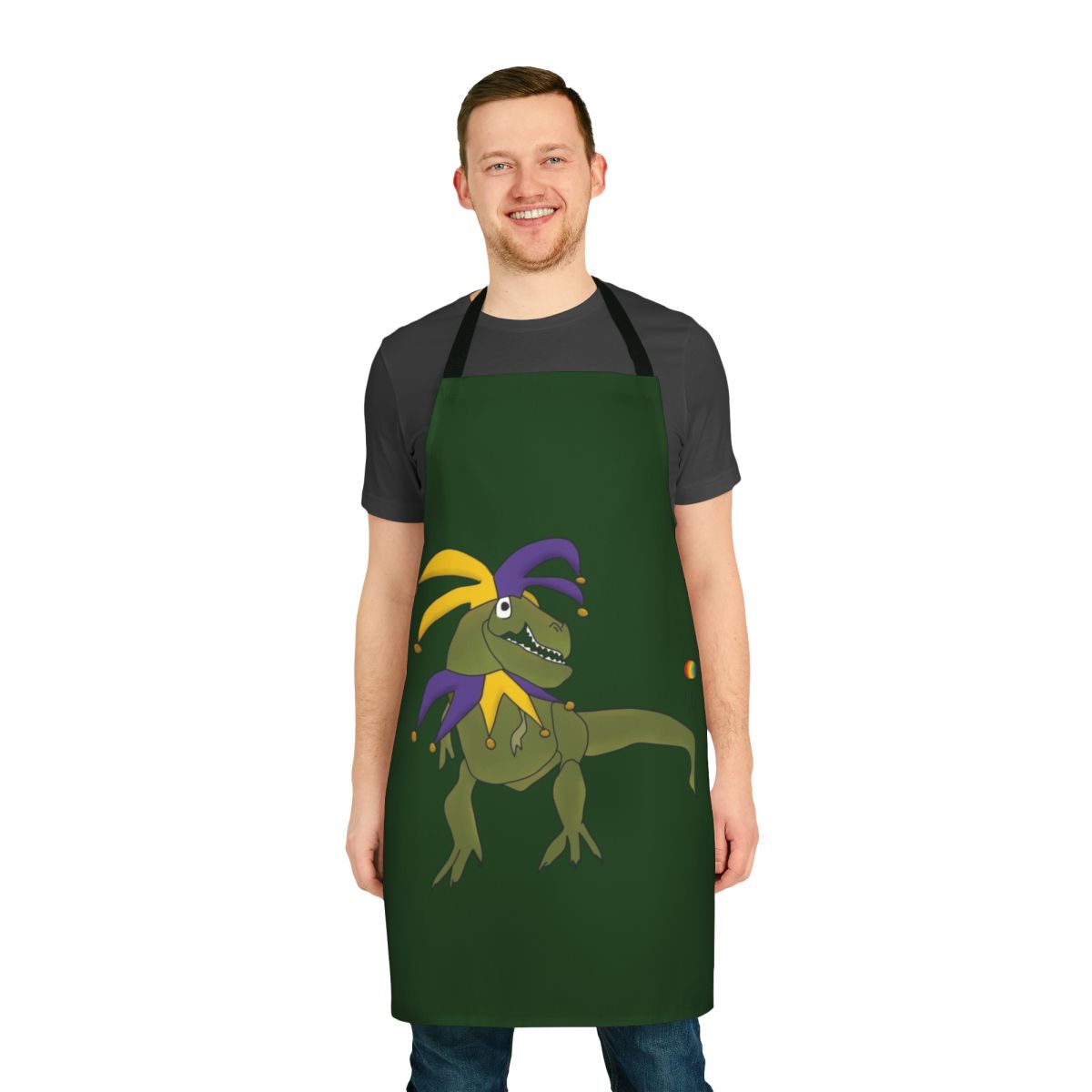 T-Rex Jester Apron with Vibrant Colors and Playful Design