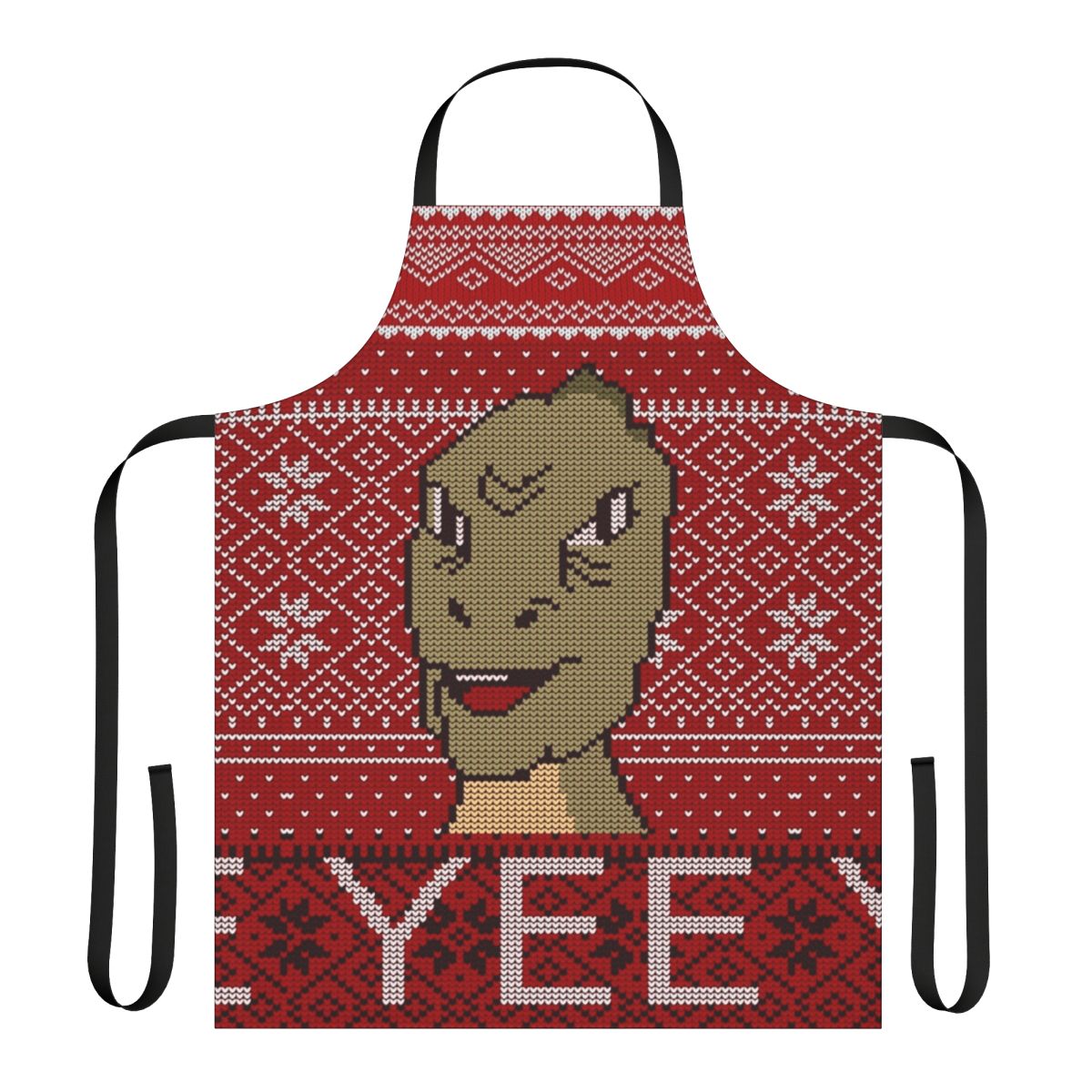 Dinosaur meme themed ugly Christmas sweater 2019 design printed on a holiday apron