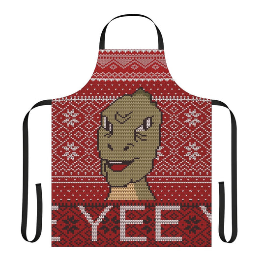 Dinosaur meme themed ugly Christmas sweater 2019 design printed on a holiday apron