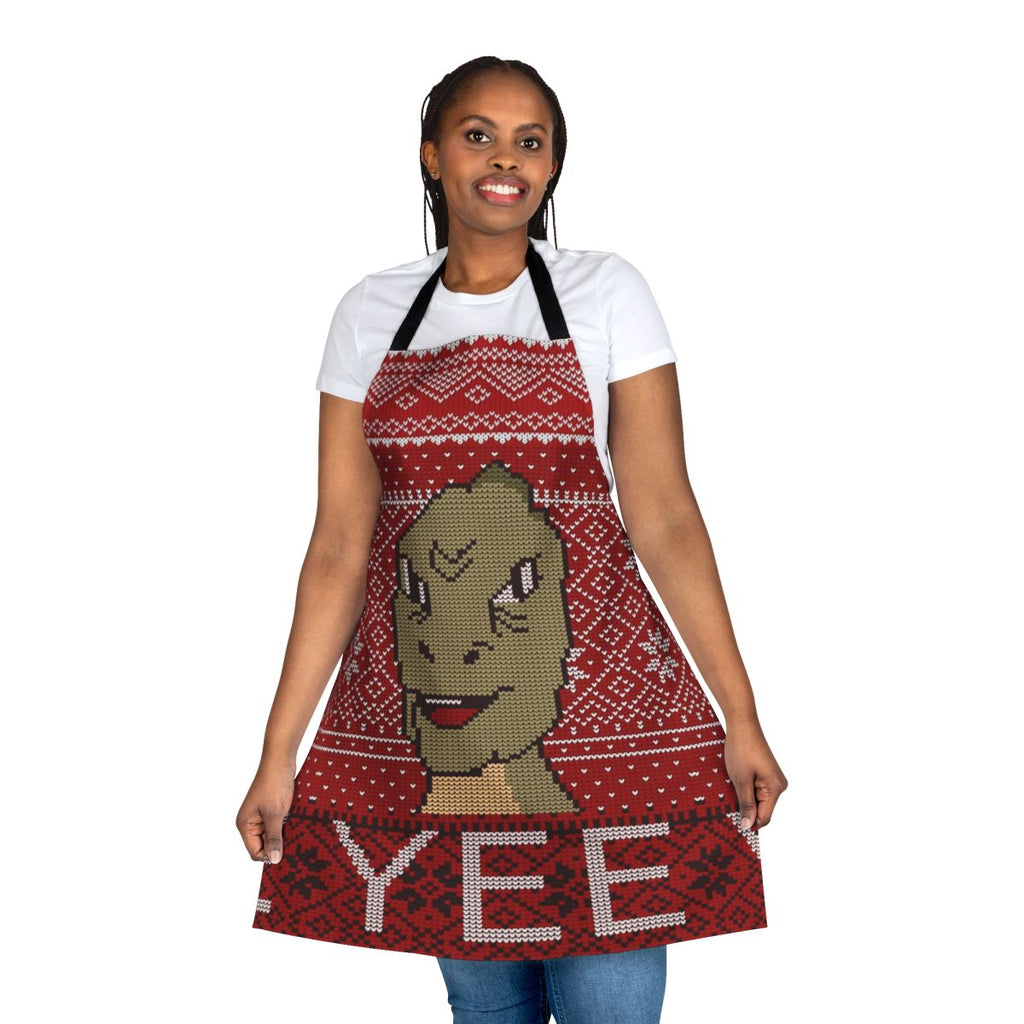 Dinosaur meme themed ugly Christmas sweater 2019 design printed on a holiday apron