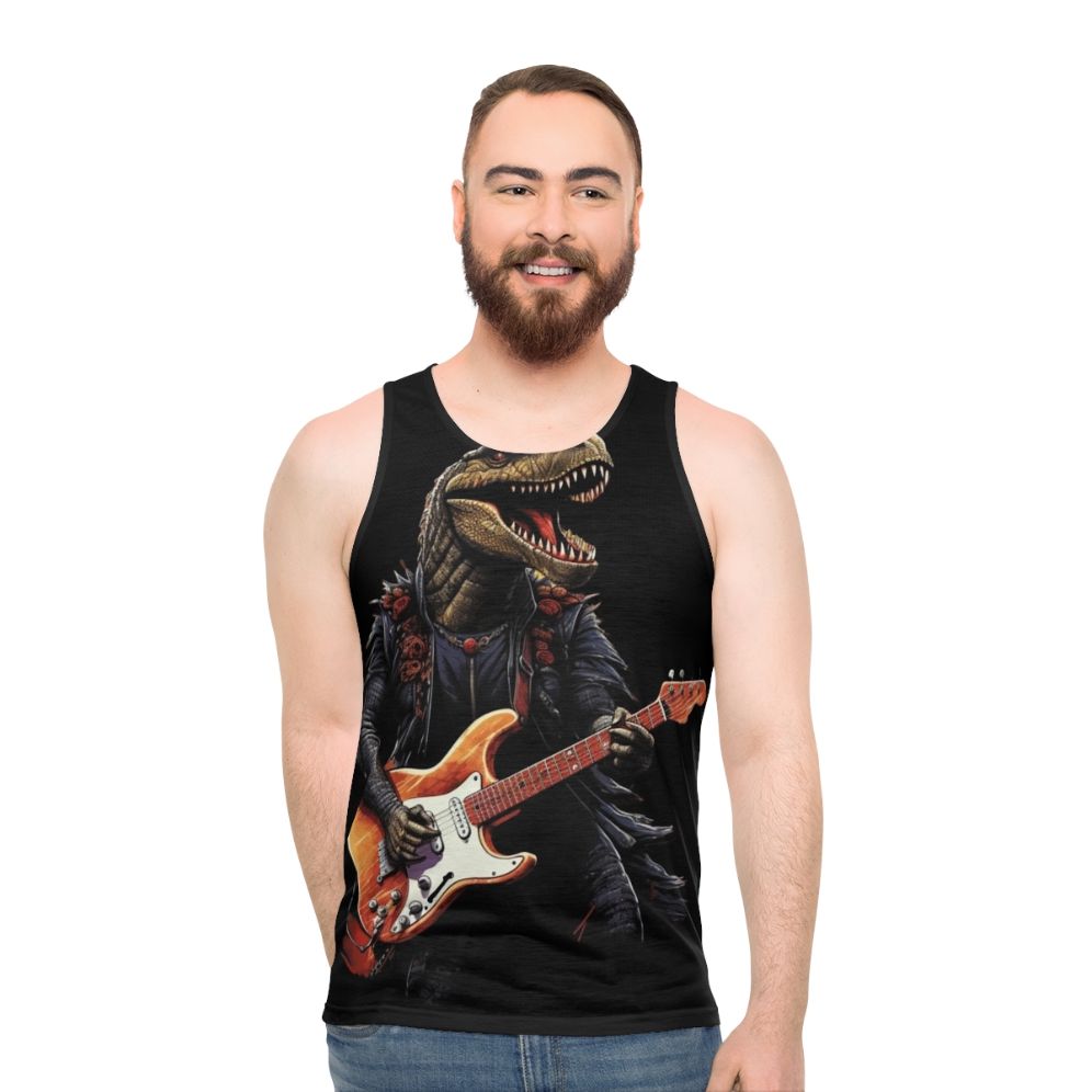 Dinosaur playing guitar on a unisex tank top