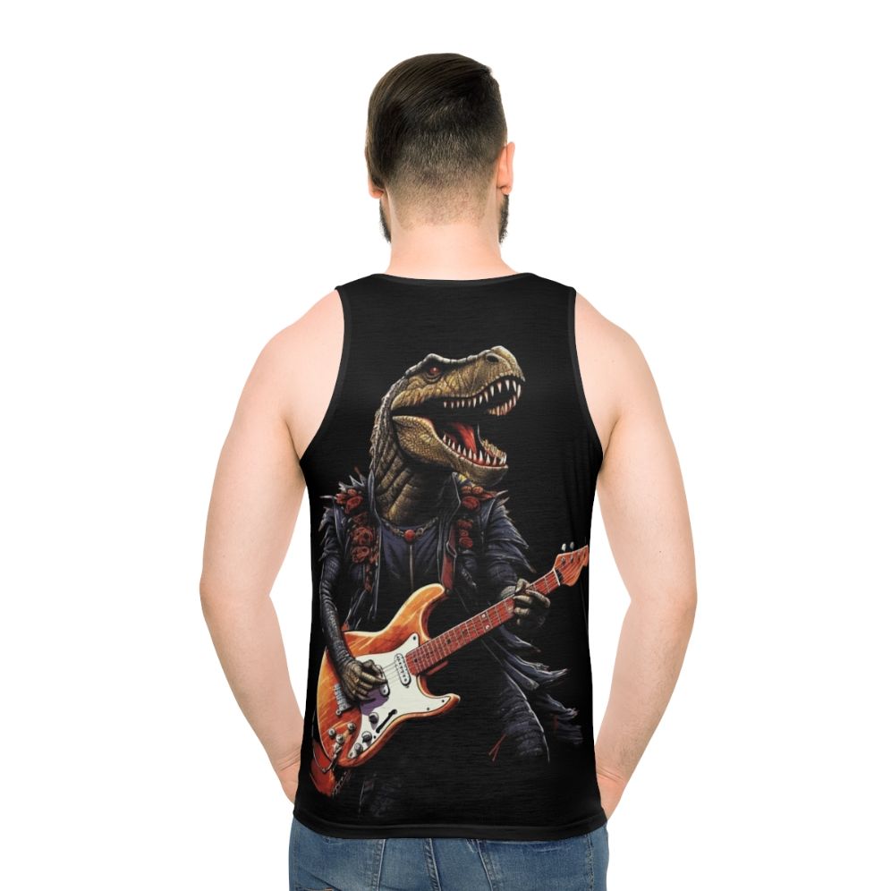 Dinosaur playing guitar on a unisex tank top