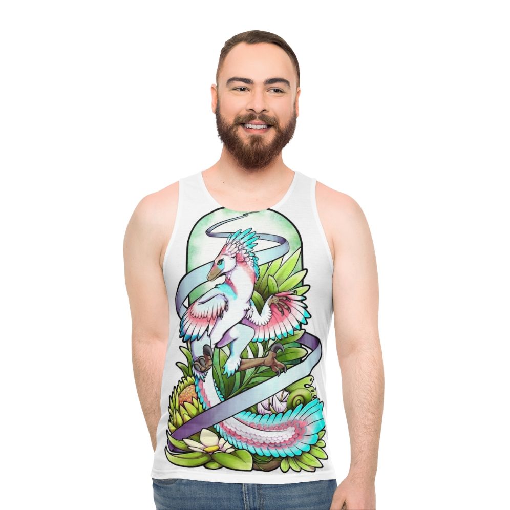 Dinosaur raptor unisex tank top with nature forest jungle design