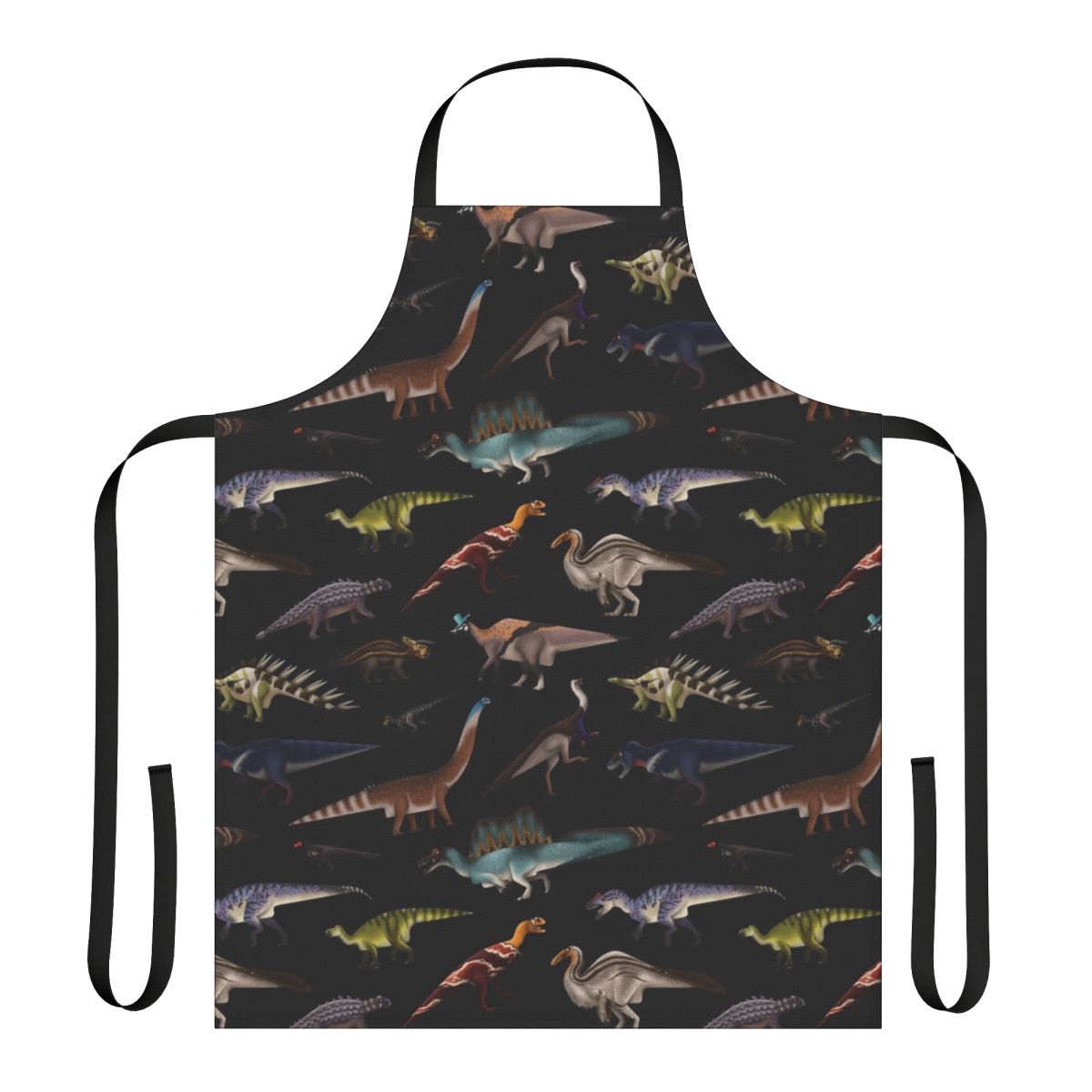 Colorful apron featuring various dinosaur species and fossils