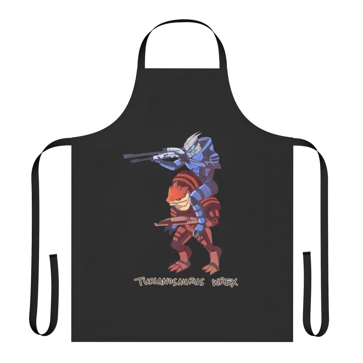 A blue and grey dinosaur-themed apron with the mass effect logo and characters Garrus and Wrex.