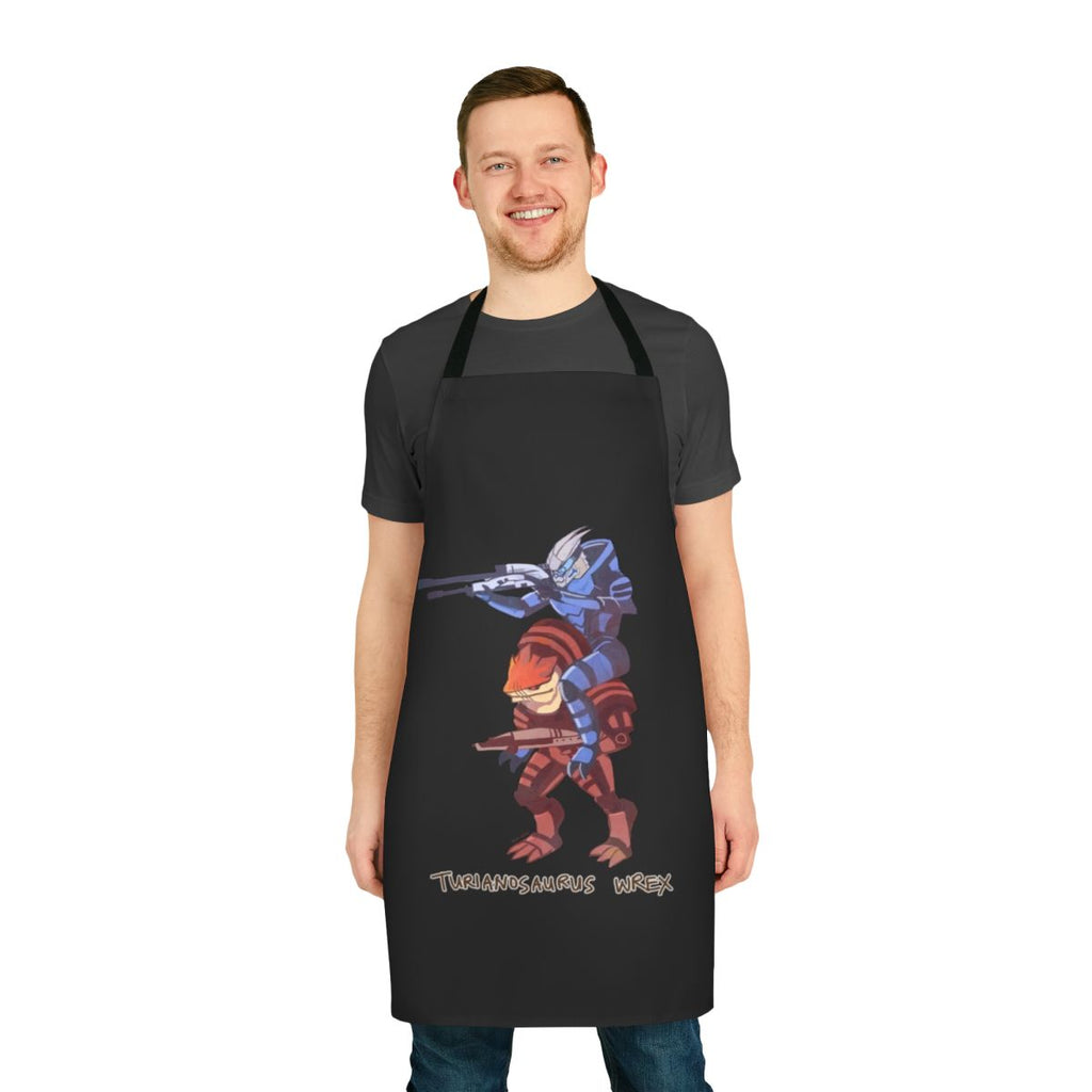 A blue and grey dinosaur-themed apron with the mass effect logo and characters Garrus and Wrex.