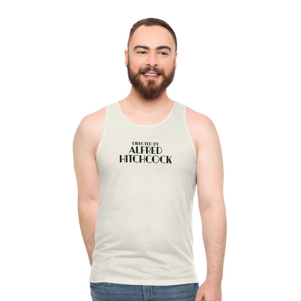 Unisex tank top featuring the text "Directed By Alfred Hitchcock"