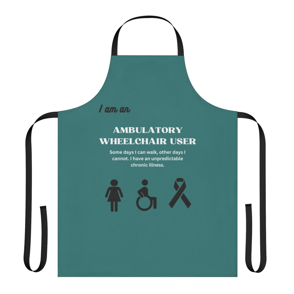 Disability Awareness Apron featuring text and symbols to promote understanding of ambulatory wheelchair users and invisible disabilities.