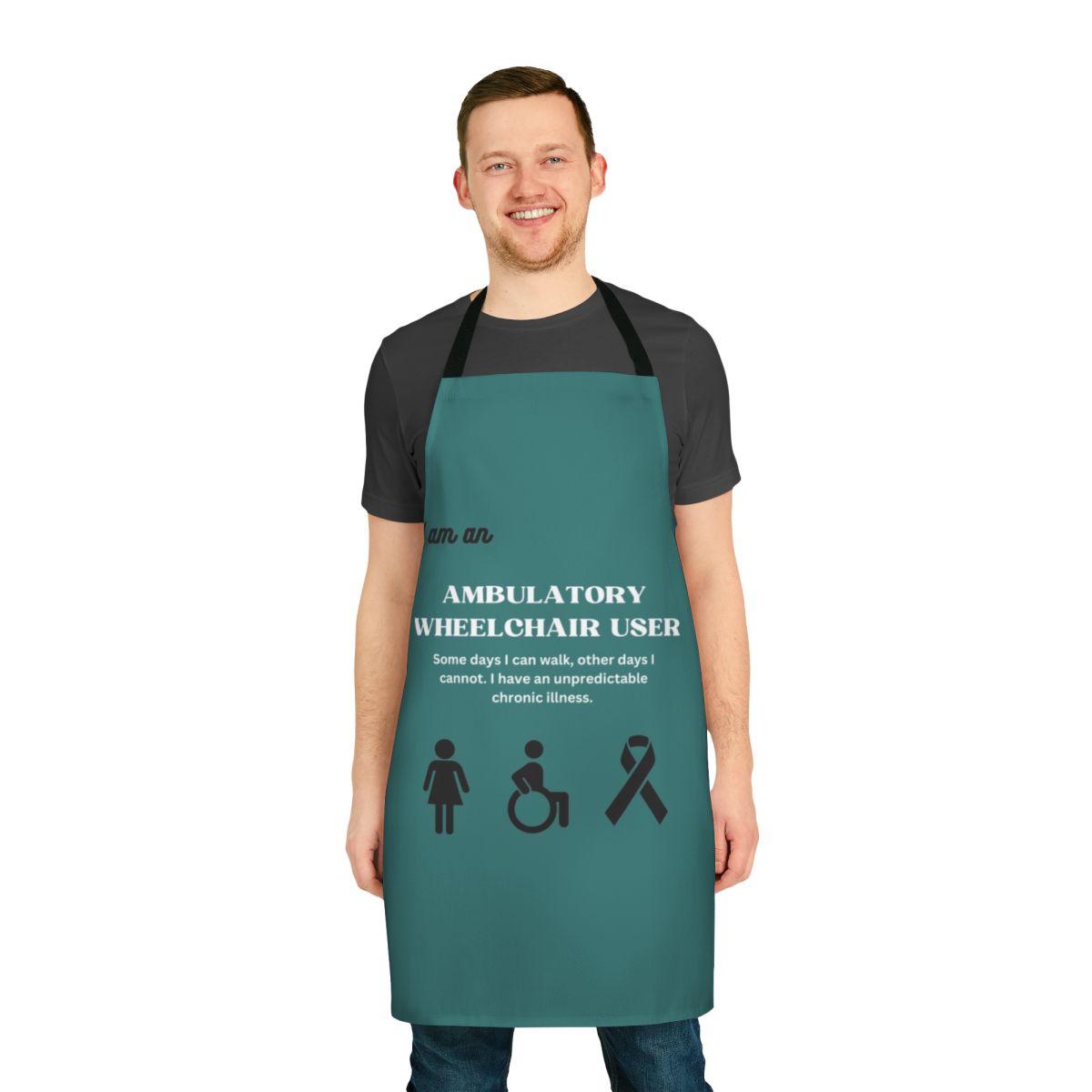 Disability Awareness Apron featuring text and symbols to promote understanding of ambulatory wheelchair users and invisible disabilities.