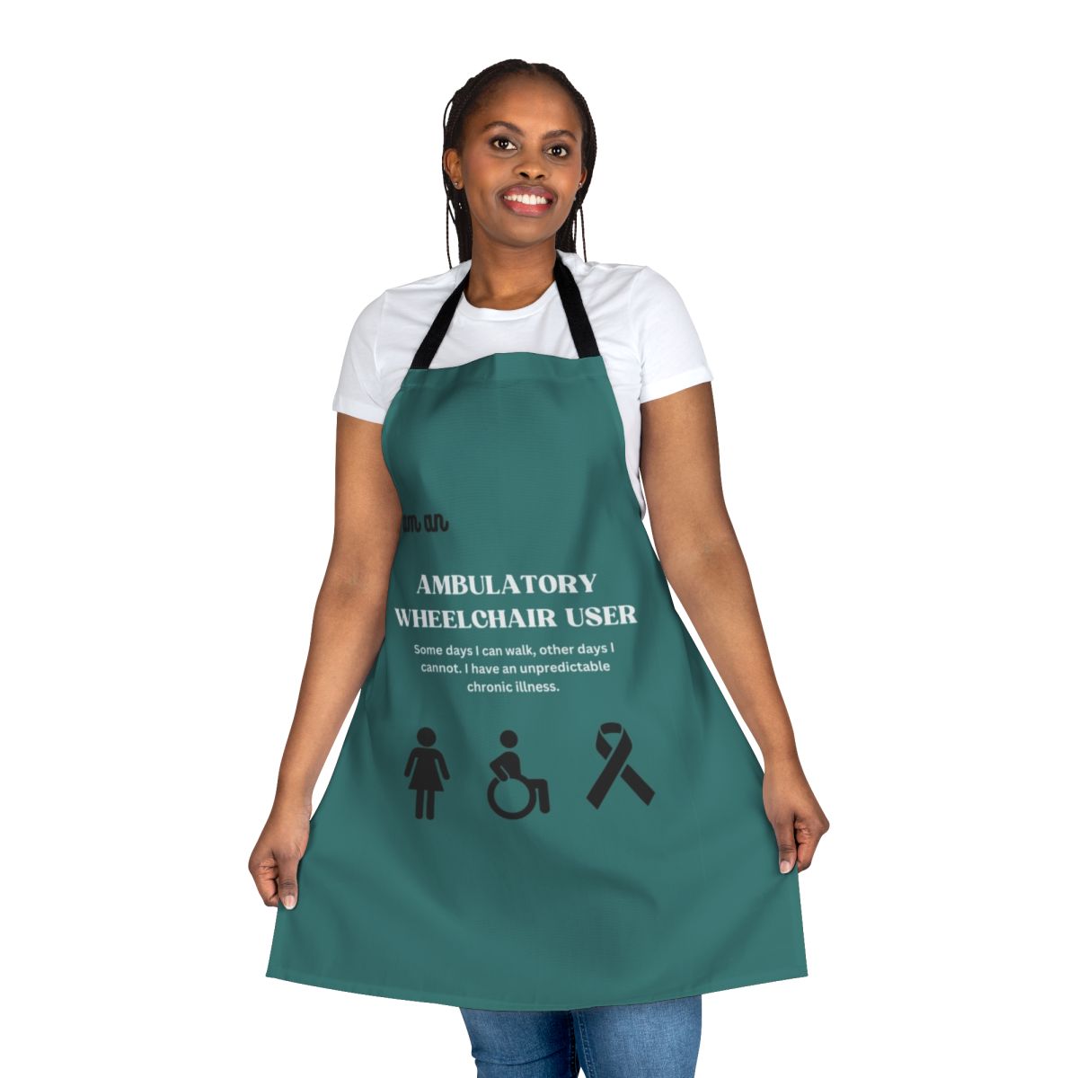 Disability Awareness Apron featuring text and symbols to promote understanding of ambulatory wheelchair users and invisible disabilities.
