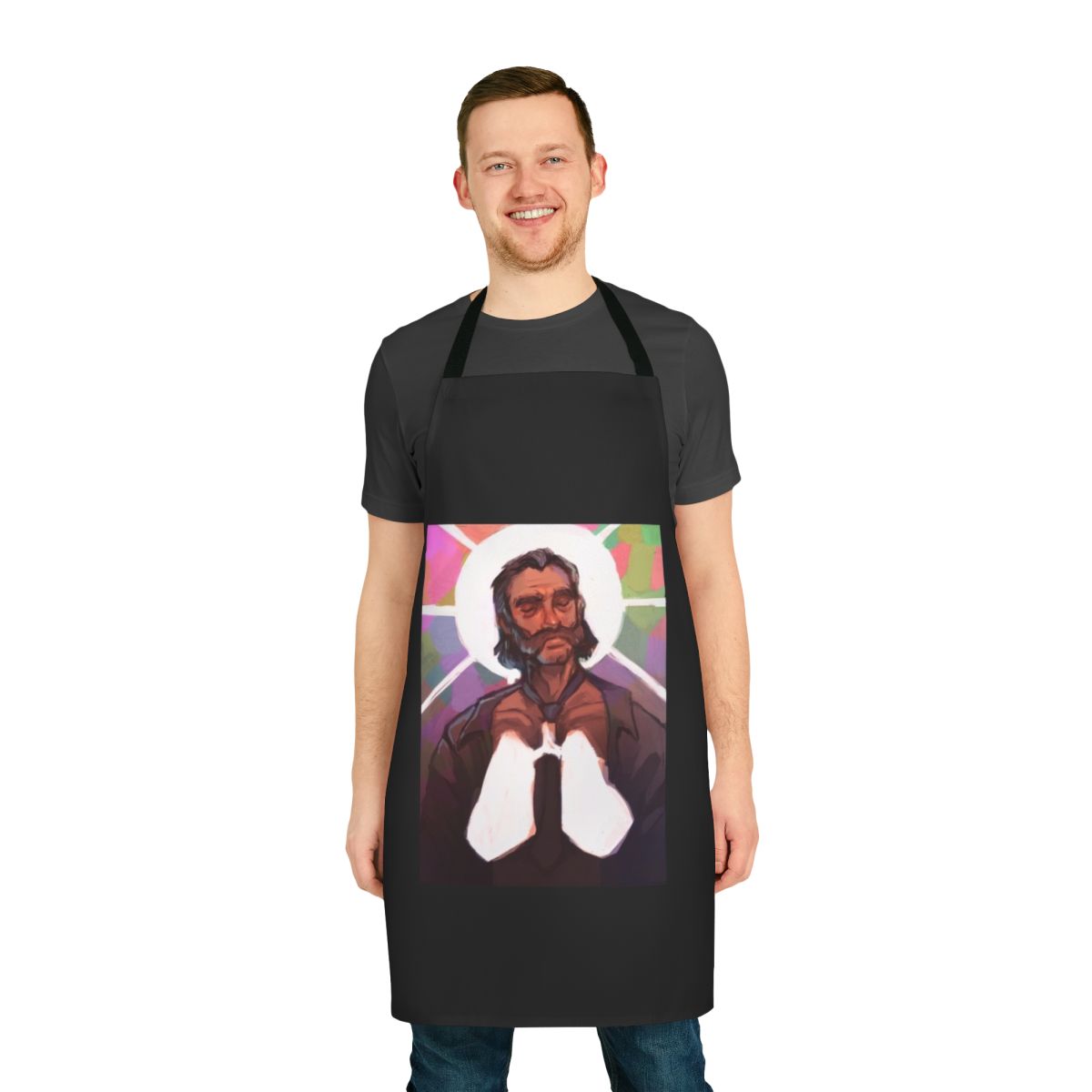 Disco Elysium inspired cooking apron with stylized character design