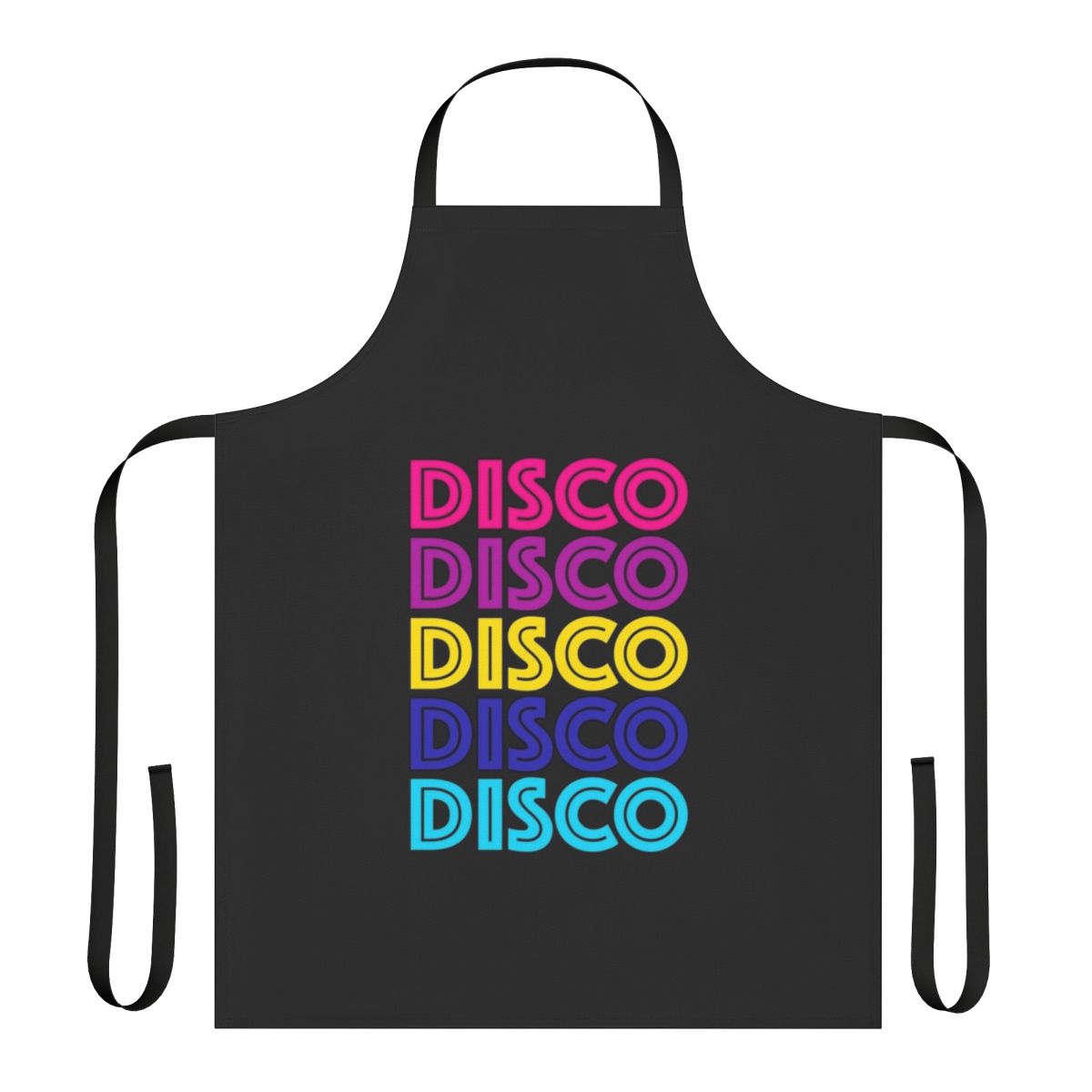 A vibrant disco-themed apron with a retro 70s design, perfect for cooking and dancing.