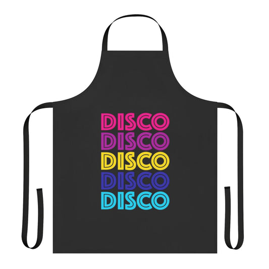 A vibrant disco-themed apron with a retro 70s design, perfect for cooking and dancing.