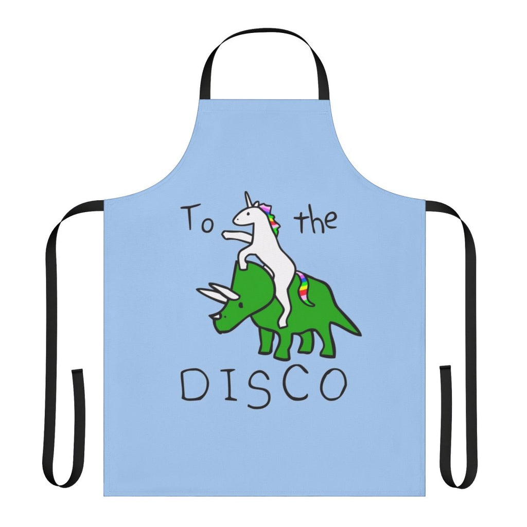 Colorful apron featuring a unicorn riding a triceratops against a disco background