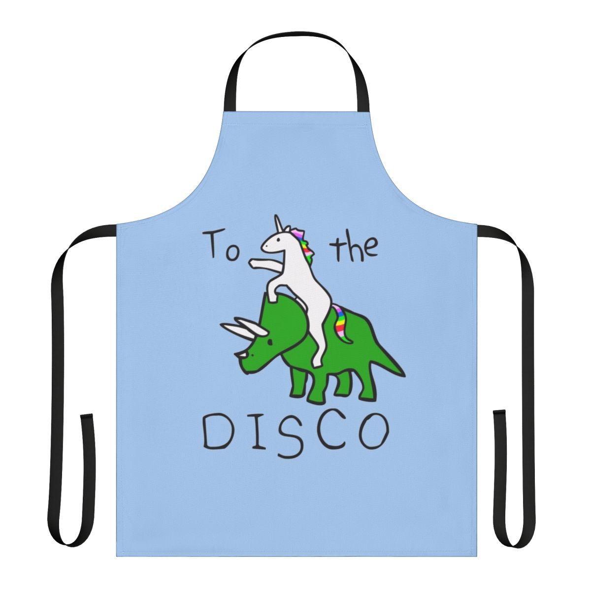 Colorful apron featuring a unicorn riding a triceratops against a disco background