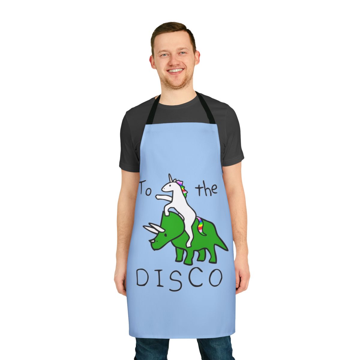 Colorful apron featuring a unicorn riding a triceratops against a disco background