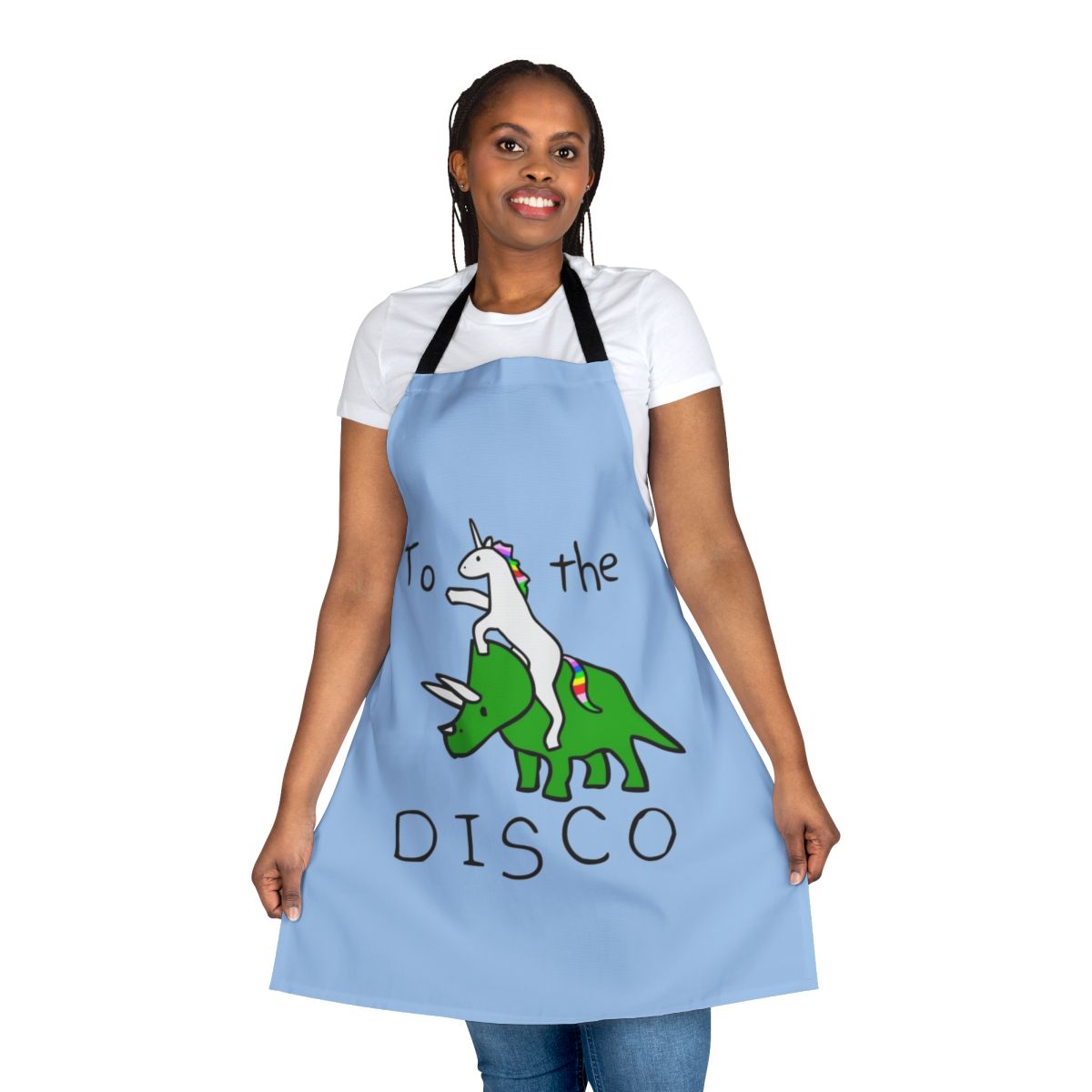 Colorful apron featuring a unicorn riding a triceratops against a disco background