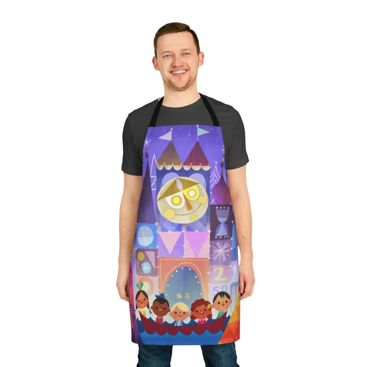 A Disney-themed kitchen apron inspired by the "It's a Small World" attraction.