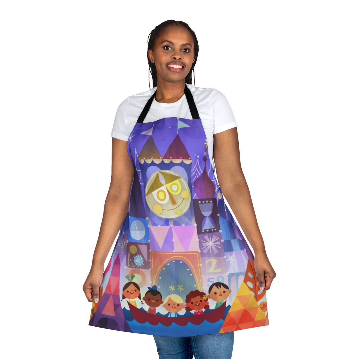 A Disney-themed kitchen apron inspired by the "It's a Small World" attraction.