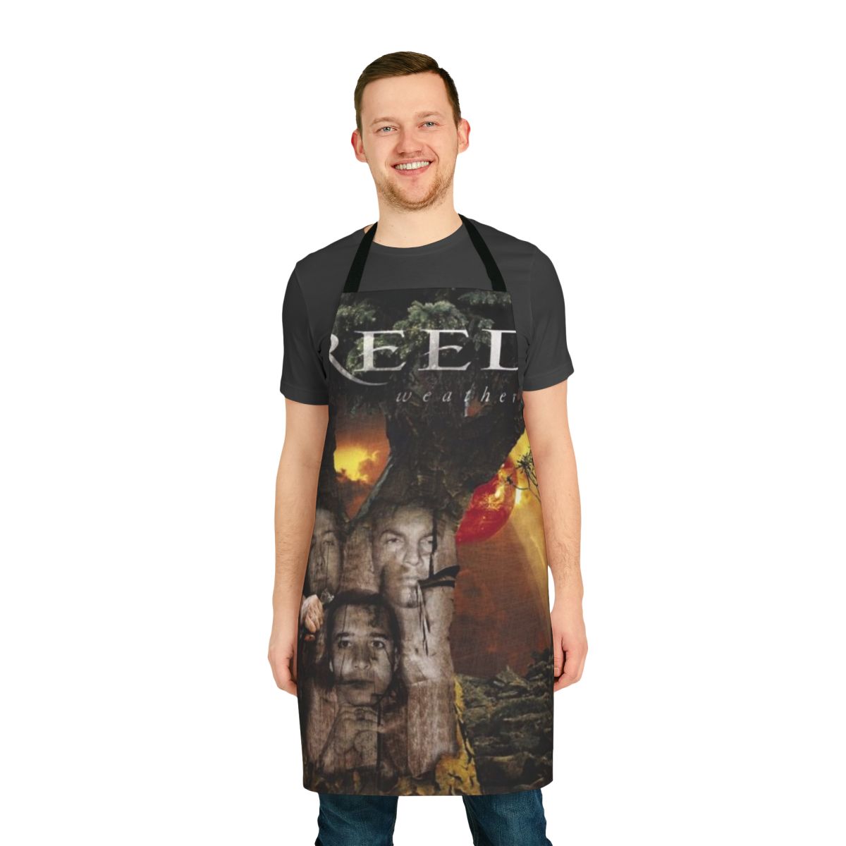Weathered and distressed Creed band logo apron