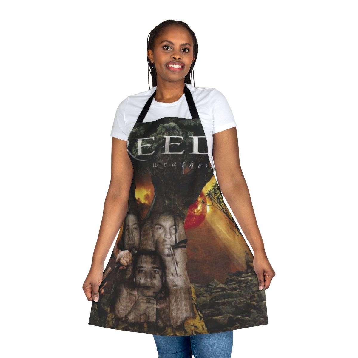 Weathered and distressed Creed band logo apron