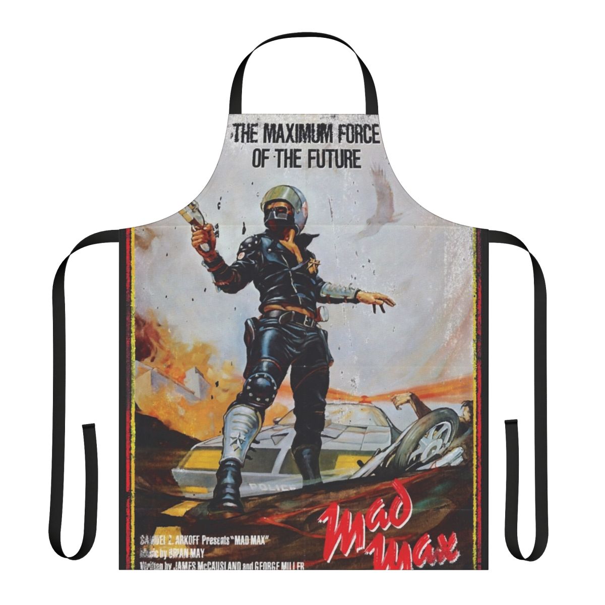 Distressed Mad Max movie poster design on a high-quality apron for cooking, baking, or crafting.