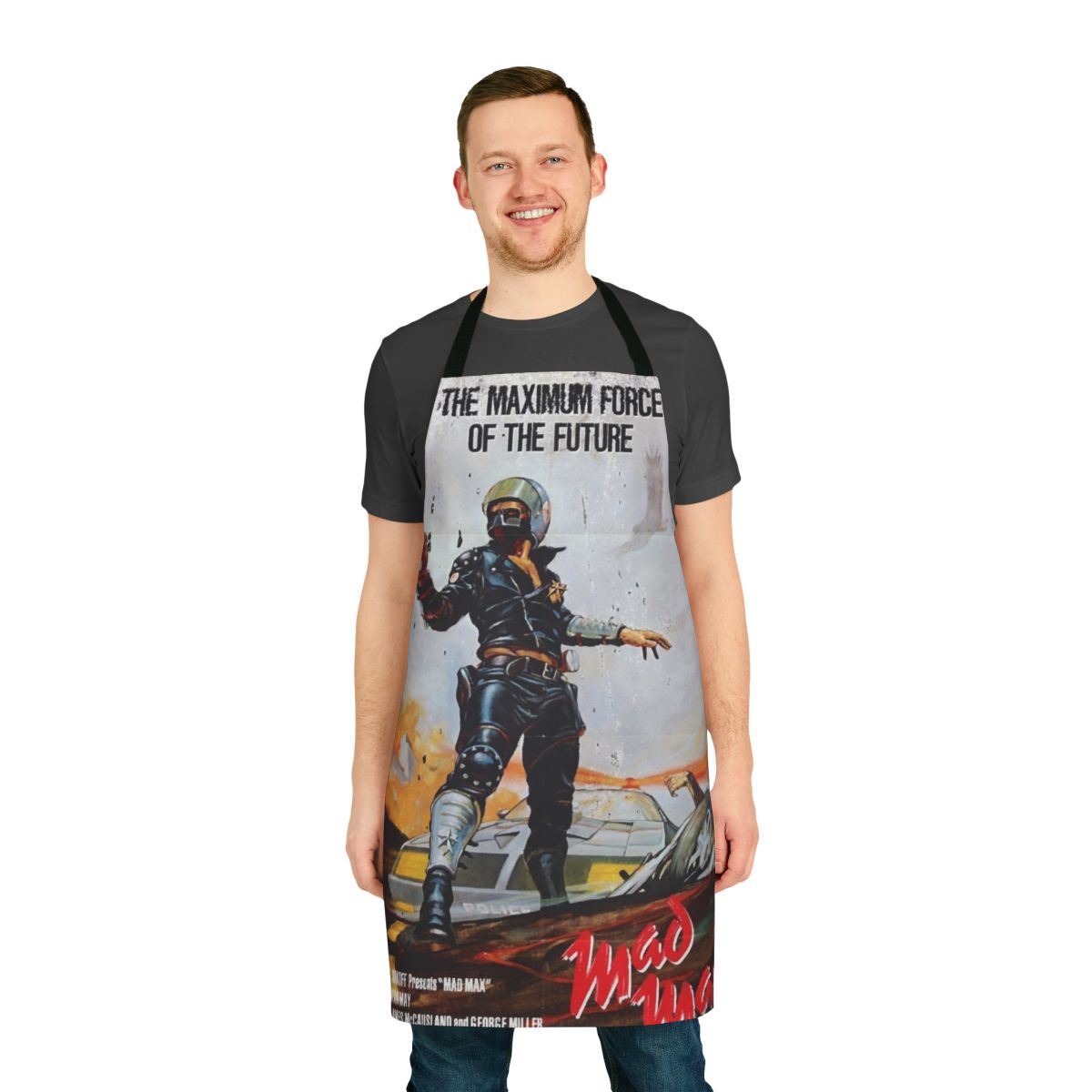 Distressed Mad Max movie poster design on a high-quality apron for cooking, baking, or crafting.