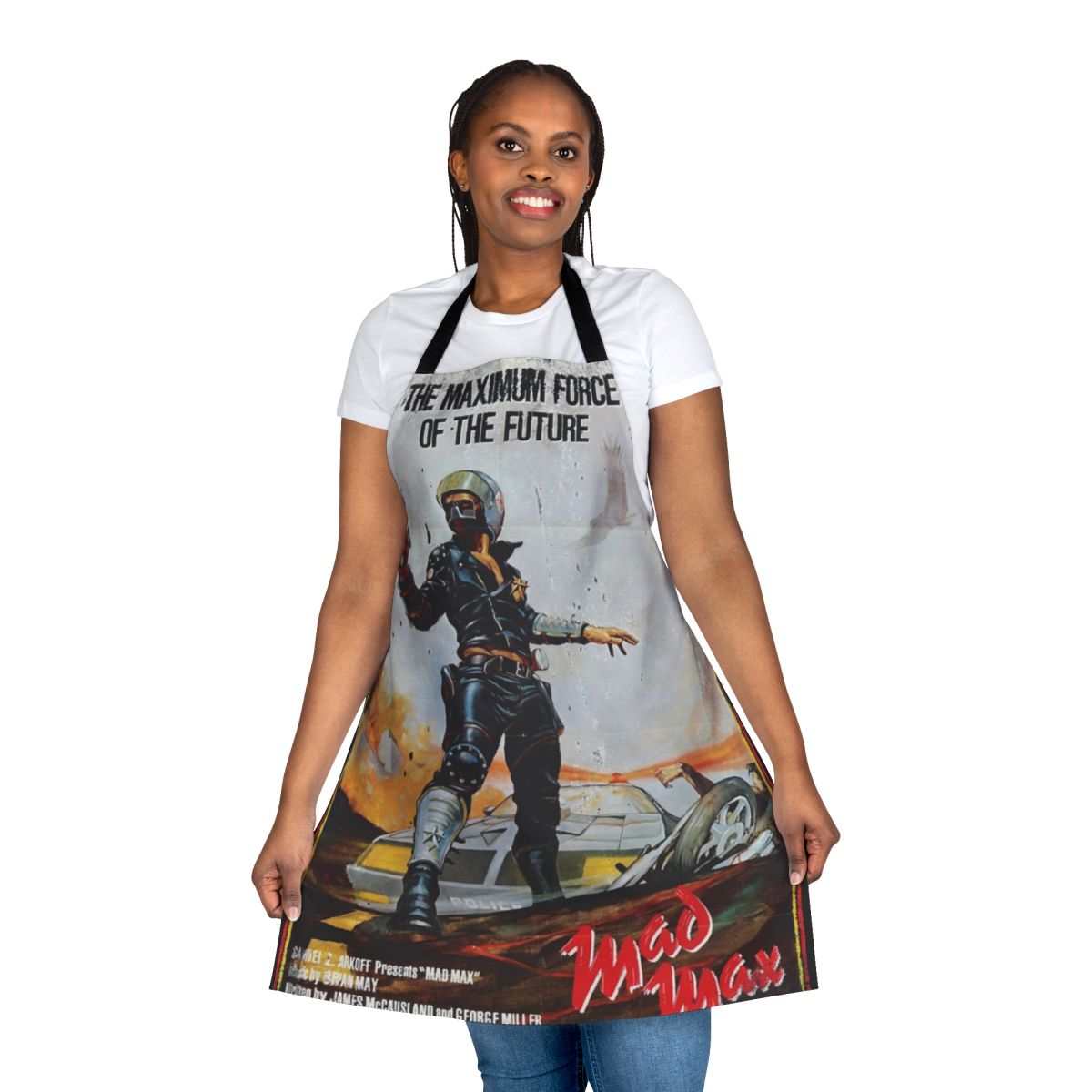 Distressed Mad Max movie poster design on a high-quality apron for cooking, baking, or crafting.