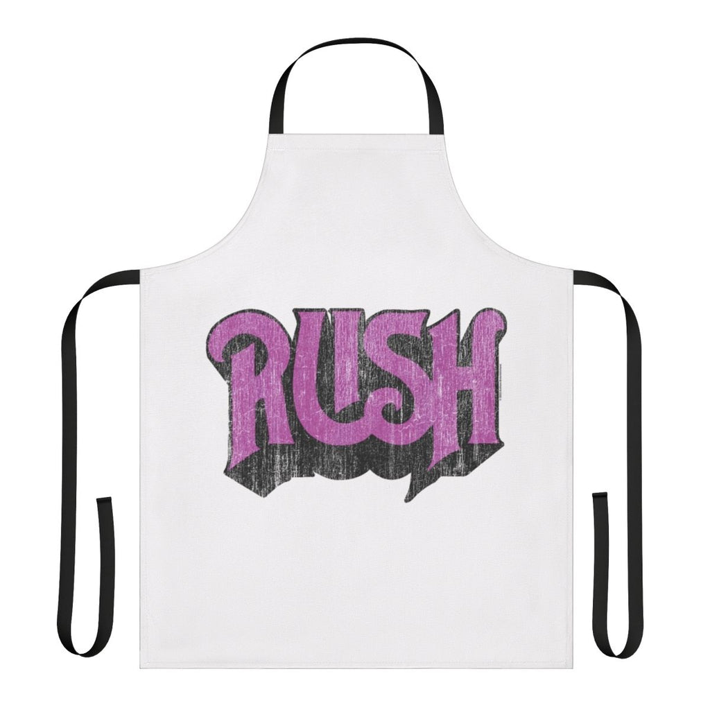 Distressed Rush band logo printed on a high-quality apron for fans of the progressive rock band.