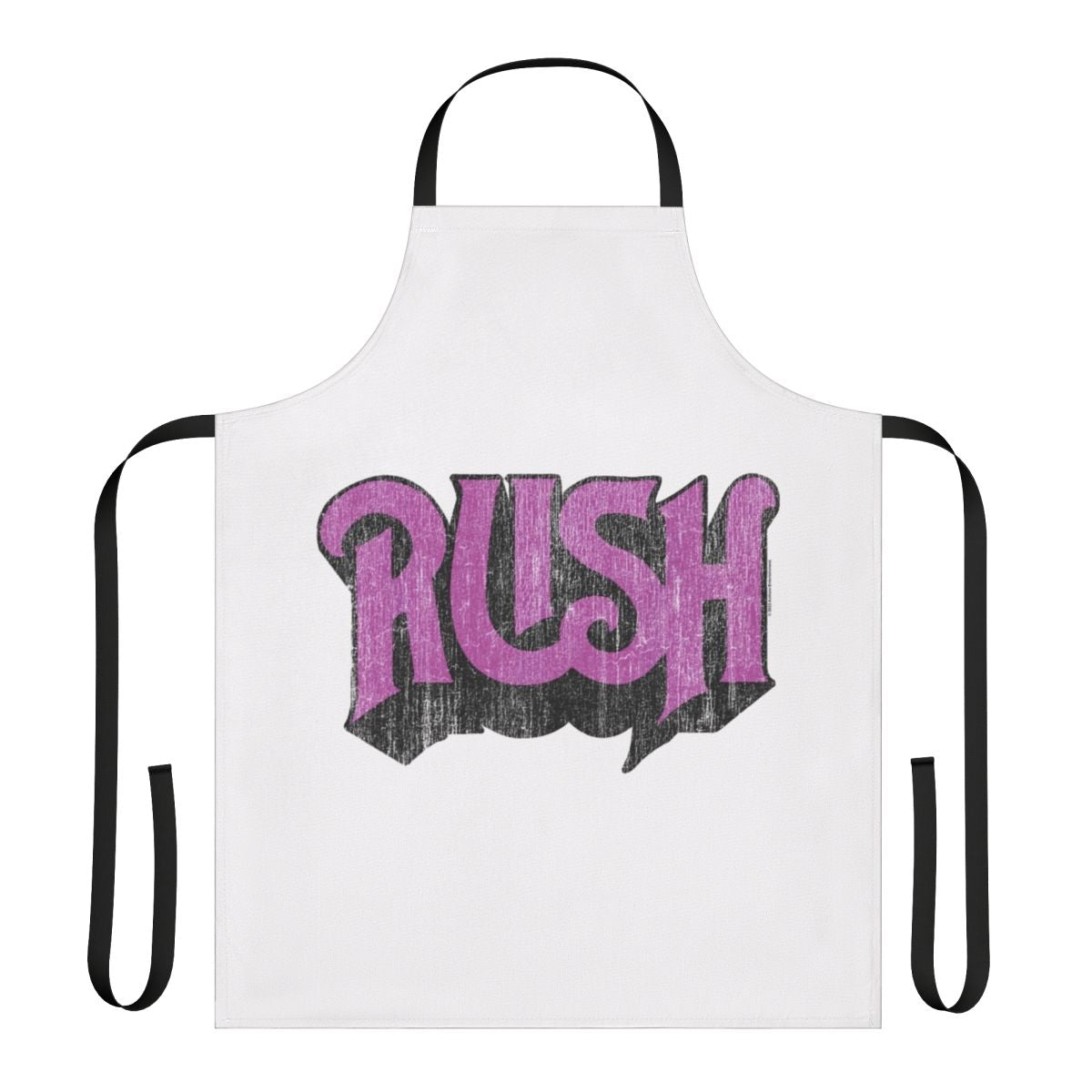 Distressed Rush band logo printed on a high-quality apron for fans of the progressive rock band.