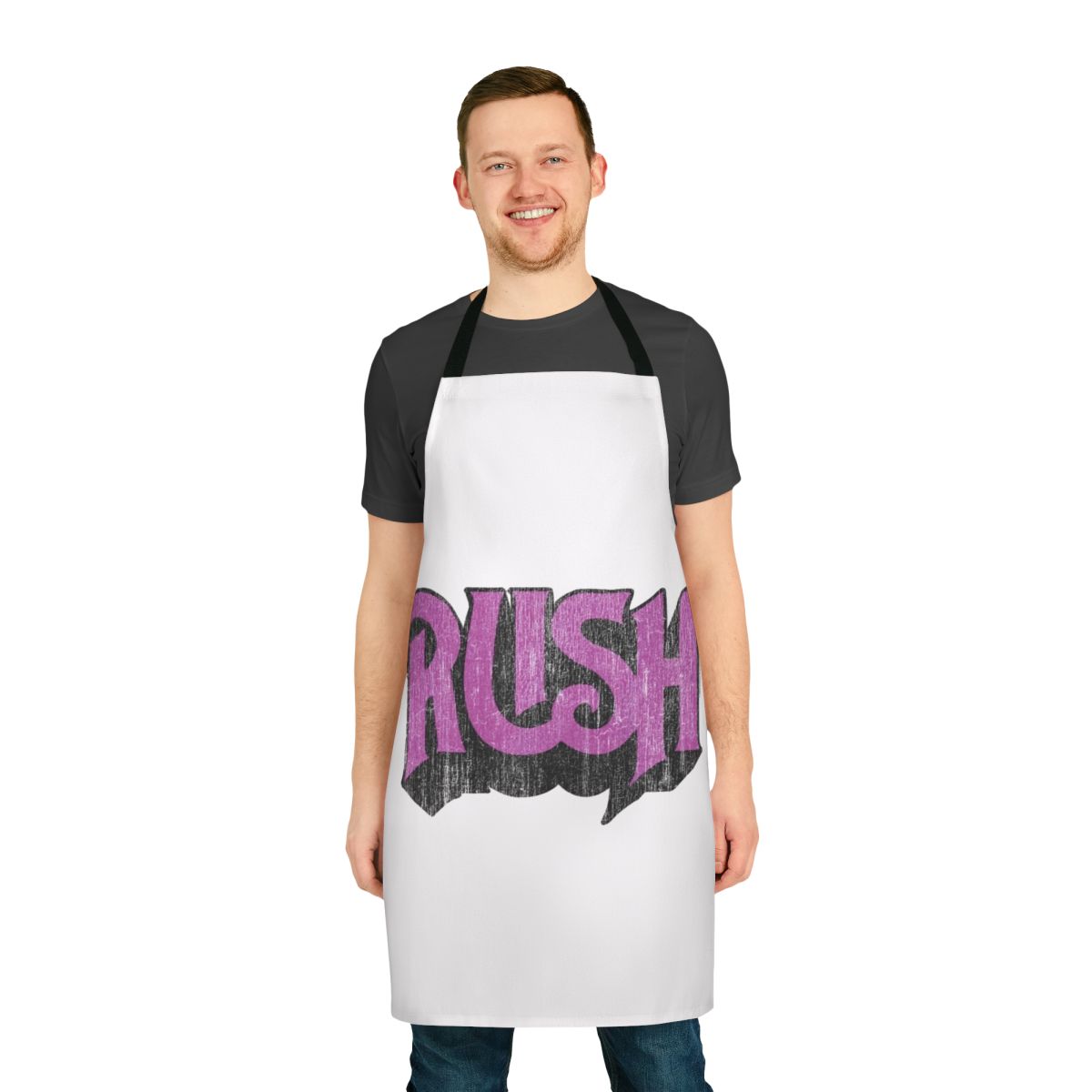 Distressed Rush band logo printed on a high-quality apron for fans of the progressive rock band.