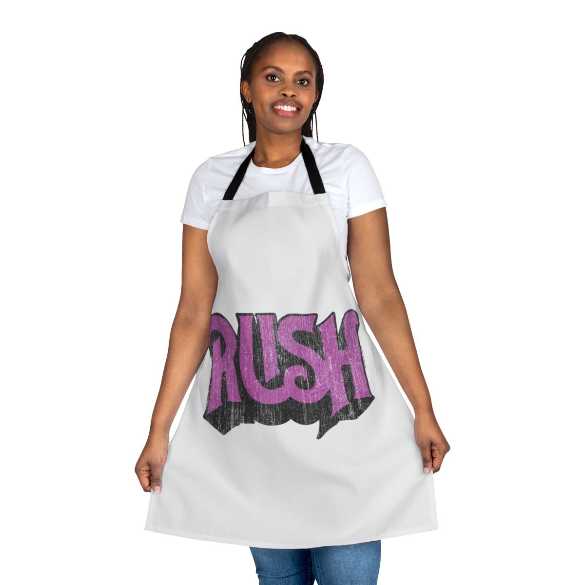 Distressed Rush band logo printed on a high-quality apron for fans of the progressive rock band.