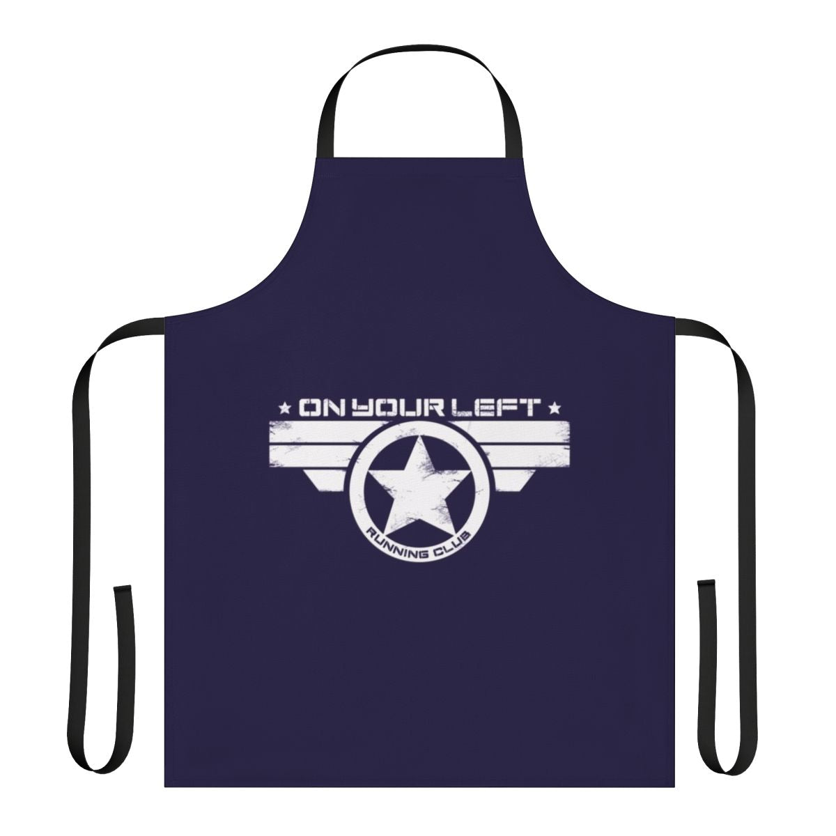 Distressed print apron with on your left running club and Marvel superhero graphics