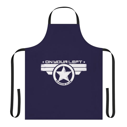 Distressed print apron with on your left running club and Marvel superhero graphics