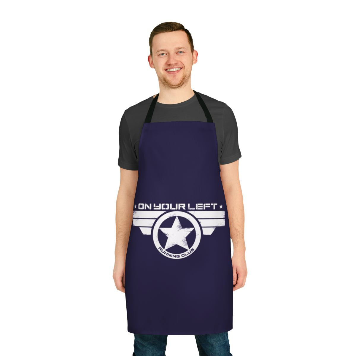 Distressed print apron with on your left running club and Marvel superhero graphics
