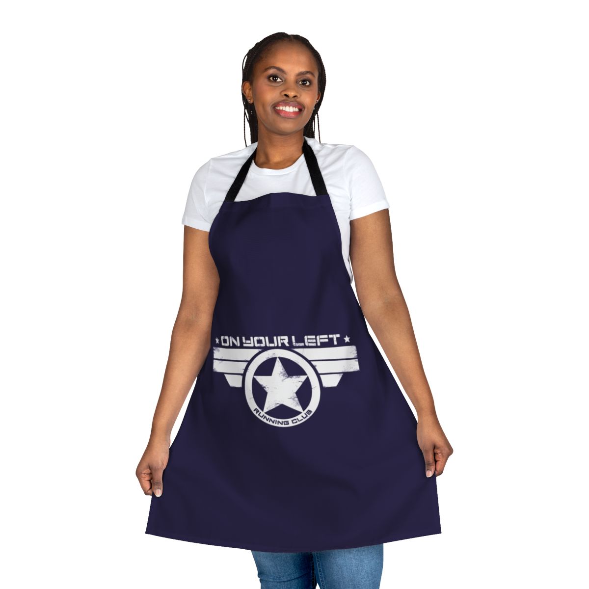 Distressed print apron with on your left running club and Marvel superhero graphics