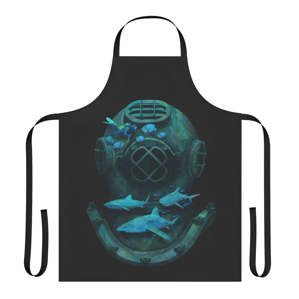 A vibrant and whimsical apron featuring a deep sea diving scene with marine life.
