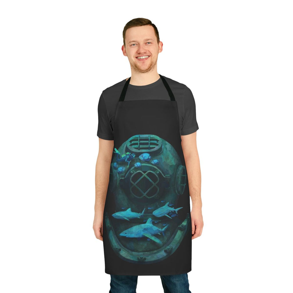 A vibrant and whimsical apron featuring a deep sea diving scene with marine life.