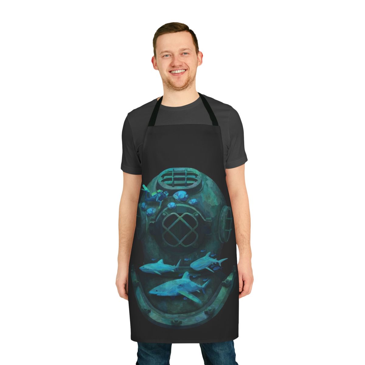 A vibrant and whimsical apron featuring a deep sea diving scene with marine life.