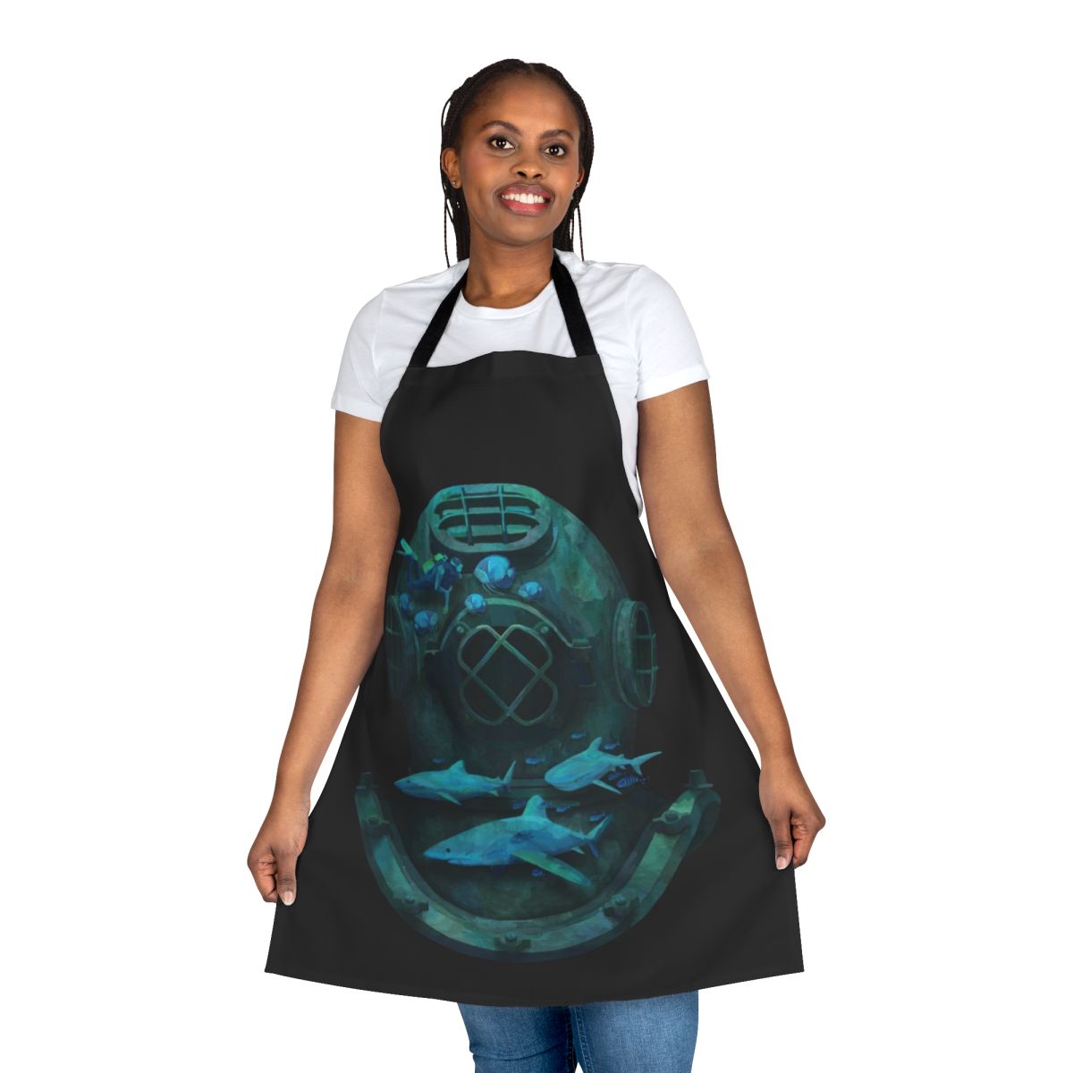 A vibrant and whimsical apron featuring a deep sea diving scene with marine life.